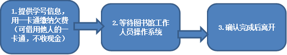 3.确认完成后离开,2.等待图书馆工作人员操作系统,1.提供学号信息，用一卡通缴纳欠费（可借用他人的一卡通，不收现金）